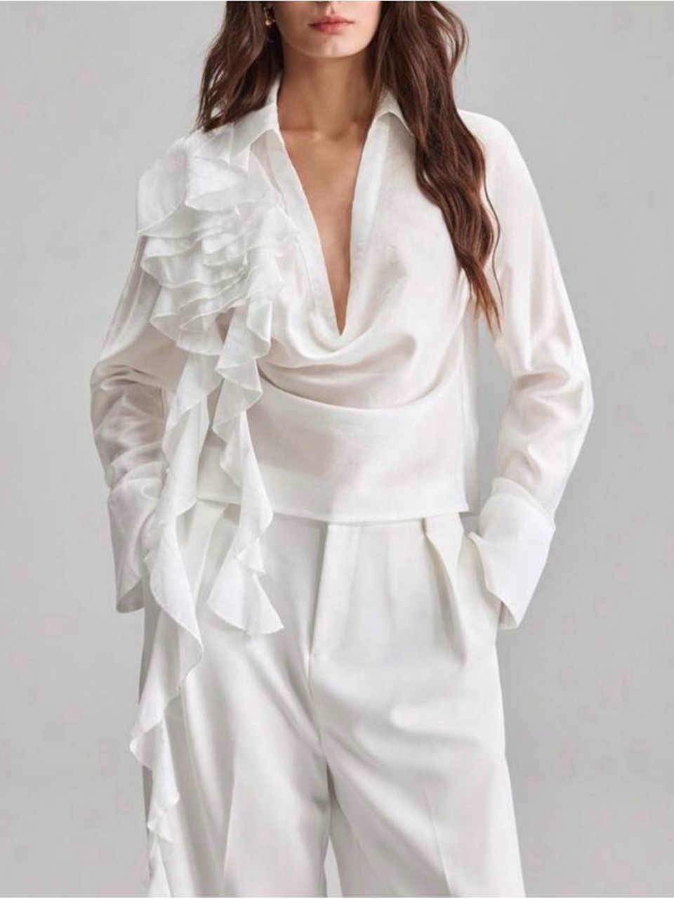 New W/ Tags! White Cowl Neck Draped Ruffle Blouse Top, Resortwear, Workwear